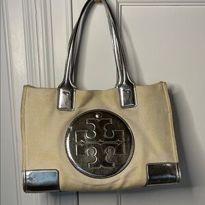 Stylish Tory Burch Silver genuine leather and Cream  fabric Tote Bag